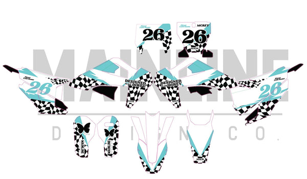 Custom dirt bike graphics with black and white checkers and turquoise accents. Designed specifically for MCREY MOTOCROSS CO.