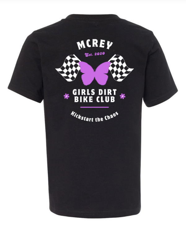 Black shirt with a purple butterfly in front of checkered flags and the text Girls Dirt Bike Club. Kickstart the Chaos.
