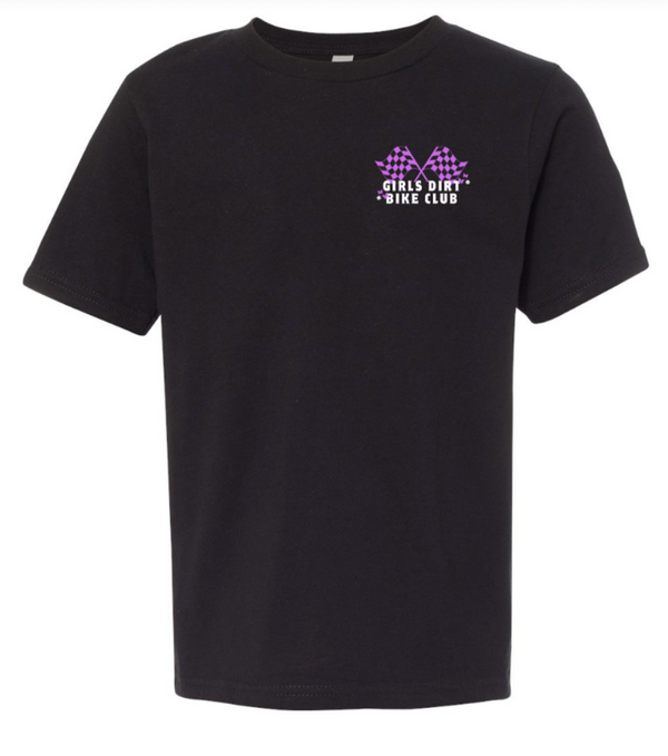 Black t-shirt with a purple and white logo on a white background. Girls Dirt Bike Club.
