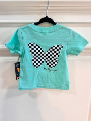 Teal youth short sleeve shirt with a checkered butterfly on the back