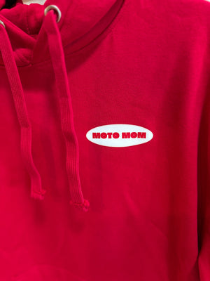 Red hoodie with 'Moto Mom' logo on a white background