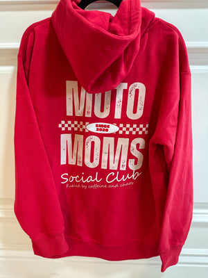 Red hoodie with 'Moto Moms Social Club' text.
