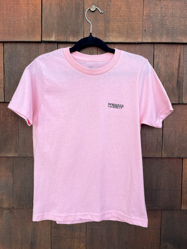 Light pink youth short sleeve shirt with Designed to get Dirty® written on the front left chest