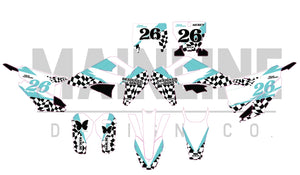 Dirt Bike Graphics kit with black and white checkers and turquoise accents