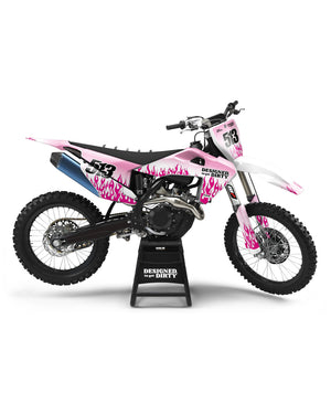 Custom dirt bike graphics. They're sparkly hot pink flames on white and light pink background.