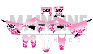 Custom dirt bike graphics. They're sparkly hot pink flames on white and light pink background.