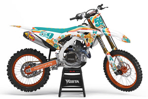 Custom dirt bike graphics with a 70's flower power theme turquoise, yellow and orange
