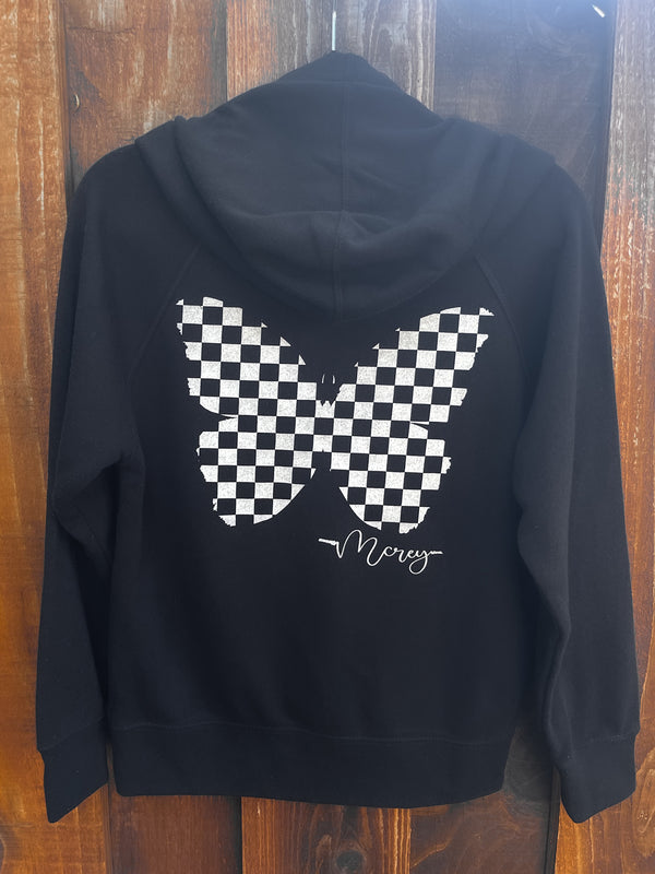 Black youth sweatshirt with a checkered butterfly on the back