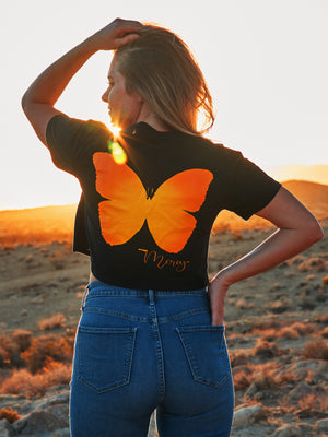 black cropped short sleeve shirt with butterfly