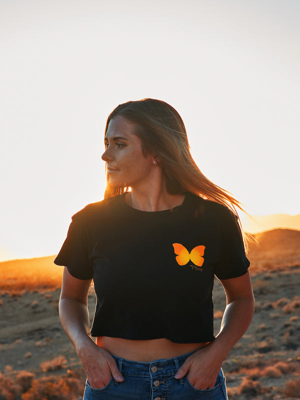 black cropped short sleeve shirt with butterfly