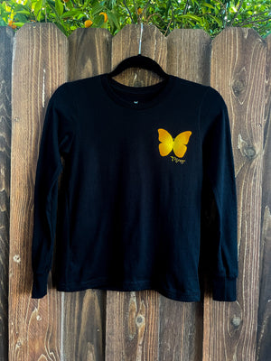 youth black long sleeve shirt with an orange and yellow ombre butterfly on the front and back