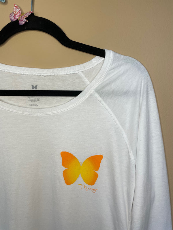 women's white long sleeve shirt with small butterfly