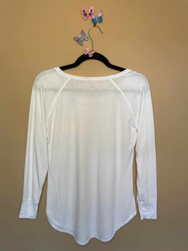 women's white long sleeve shirt with small butterfly