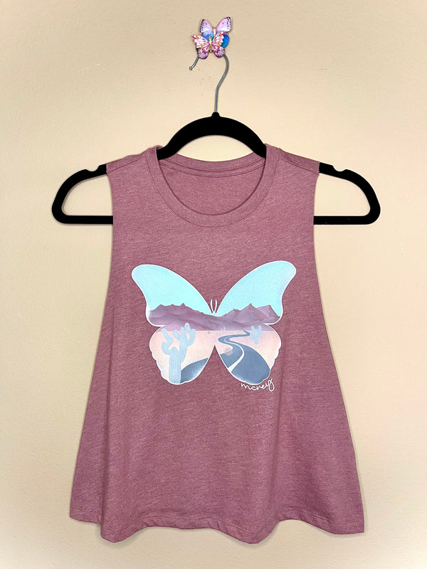 mauve racerback tank with a butterfly and desert road landscape on the front