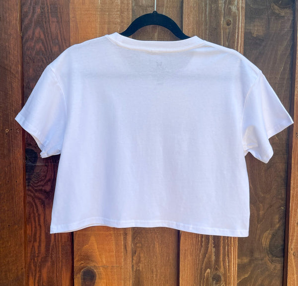 Back of a women's white crop tee