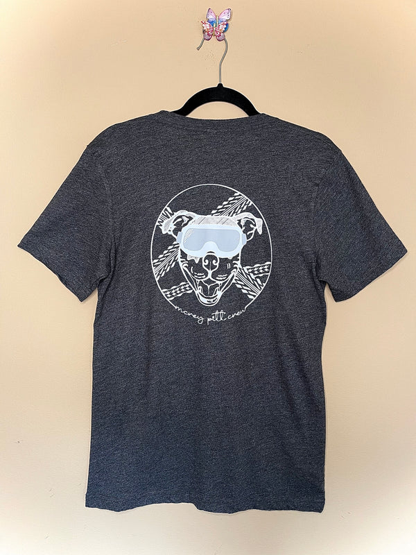 grey short sleeve shirt with a dog wearing goggles