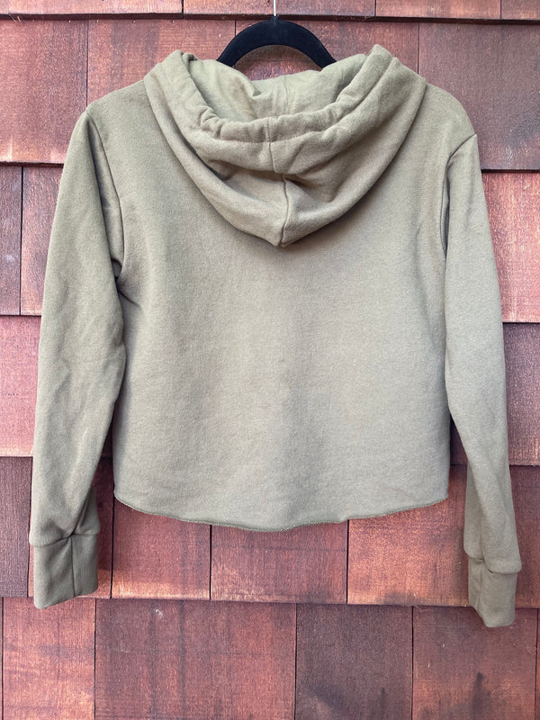 Women's dirt bike apparel. Army green cropped hoodie with the words designed to get dirty across the front.