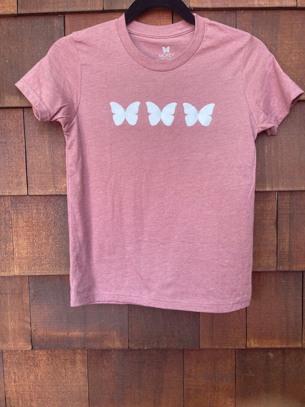 Youth Dirt Bike Apparel. Heather Mauve t-shirt with three white butterflies on the front.